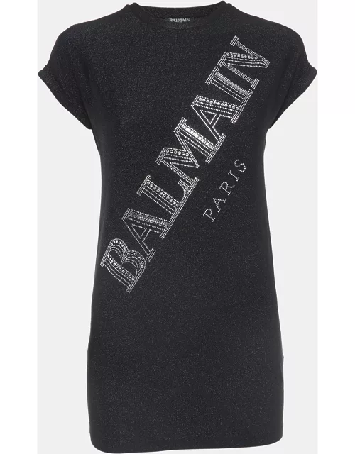 Balmain Black Glitter Jersey Crystal Embellished Logo T-Shirt Dress (10 Yrs)