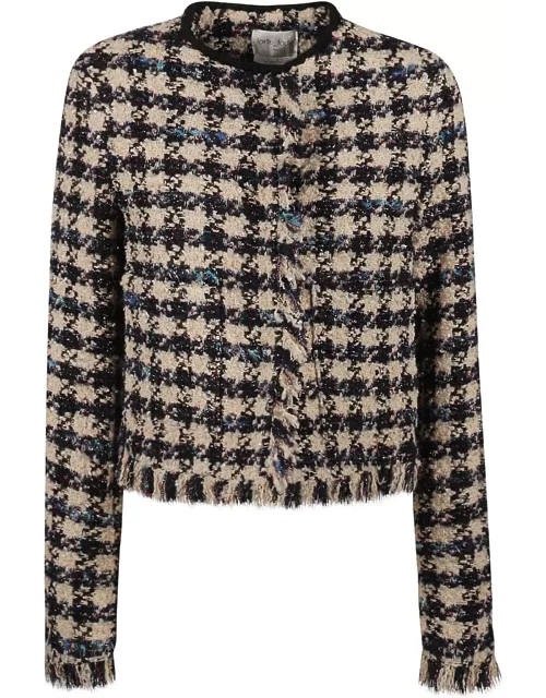 Forte_Forte Houndstooth Pattern Fringe Trimmed Cardigan