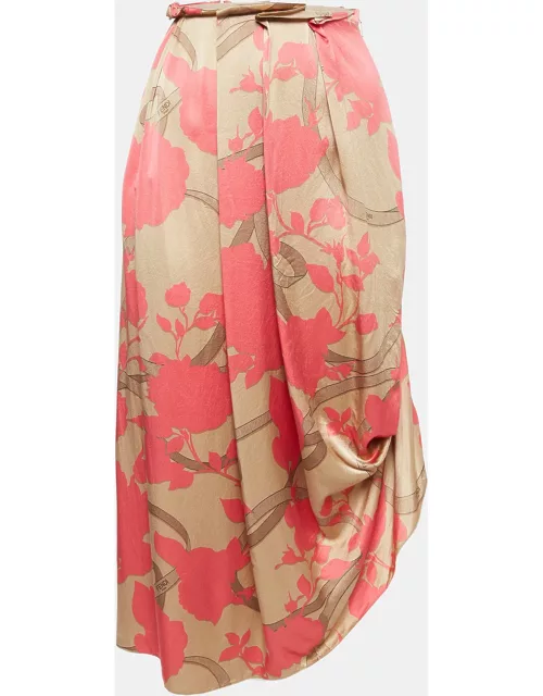 Fendi Pink Rose Print Silk Pleated Asymmetric Midi Skirt