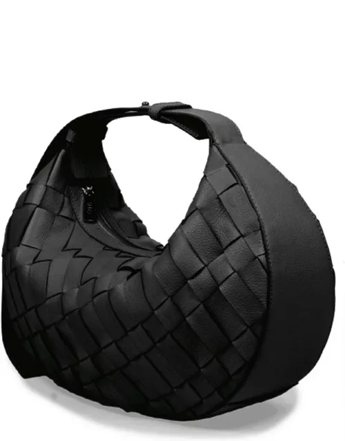 ALEO Sienna Woven Leather Crescent Shoulder Bag - Black