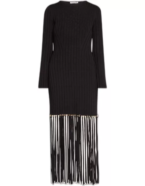 Sharron Long-Sleeve Midi Fringe Dres