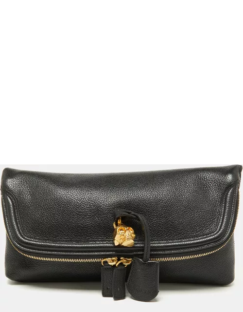 Alexander McQueen Black Leather Skull Padlock Fold-Over Clutch