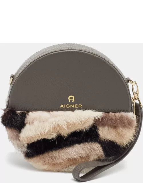 Aigner Grey Faux Fur and Leather Round Wristlet Clutch