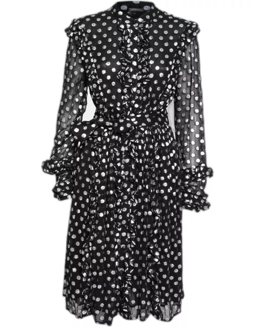 Dodo Baror Black & Silver Polka Dotted Chiffon Ruffle Trimmed Belted Dress