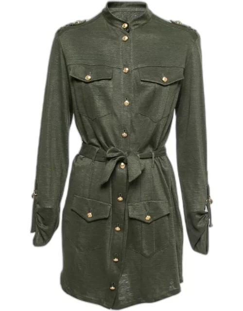 Balmain Kaki Green Knit Button-Embellished Belted Mini Dress