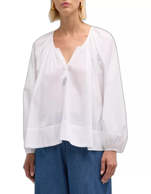 Harris Ruched Blouson-Sleeve Cotton Top