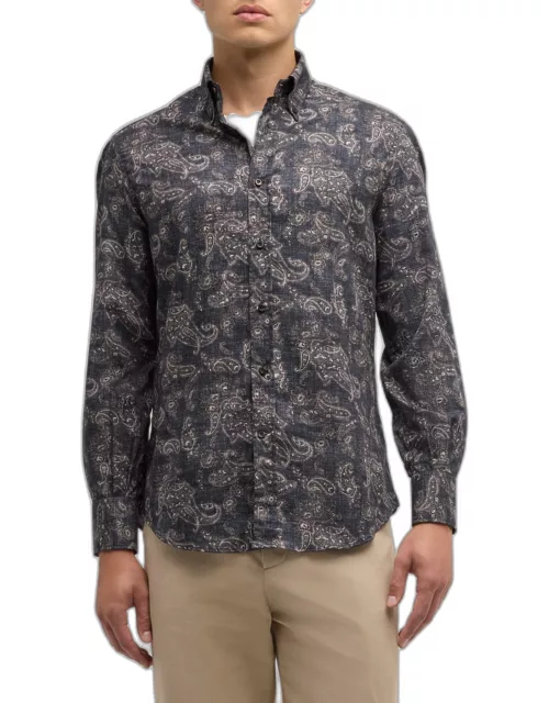 Men's Denim-Effect Paisley Casual Button-Down Shirt