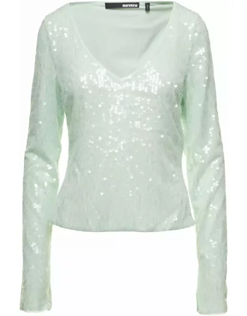 Rotate by Birger Christensen Green Long Sleeve Top With All-over Sequins In Recycled Fabric Woman