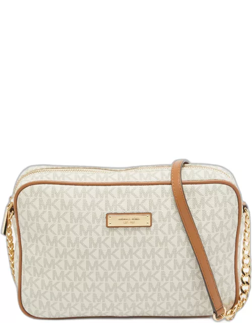 Michael Kors Off White/Brown Signature Coated Canvas and Leather East/West Crossbody Bag