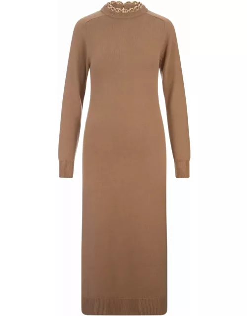 Paco Rabanne Camel Wool And Cashmere Long Dress With Chain