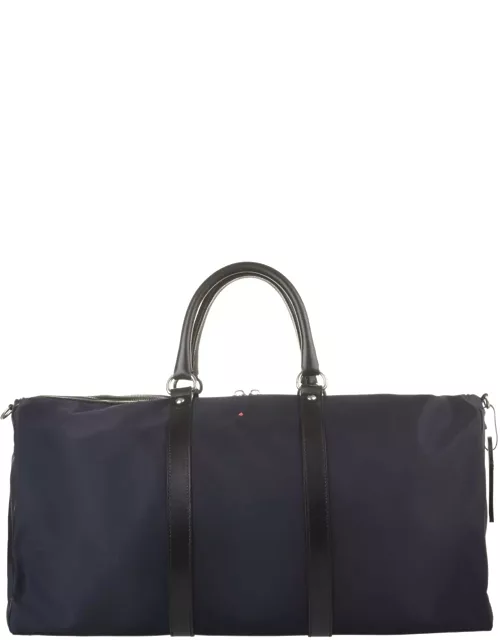 Kiton Navy Blue Nylon And Leather Duffle Bag With Logo