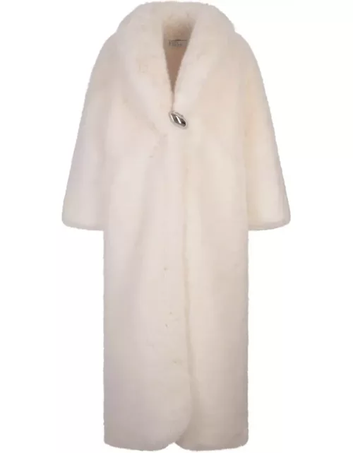 Giuseppe di Morabito Long White Faux Fur Coat With Brooch