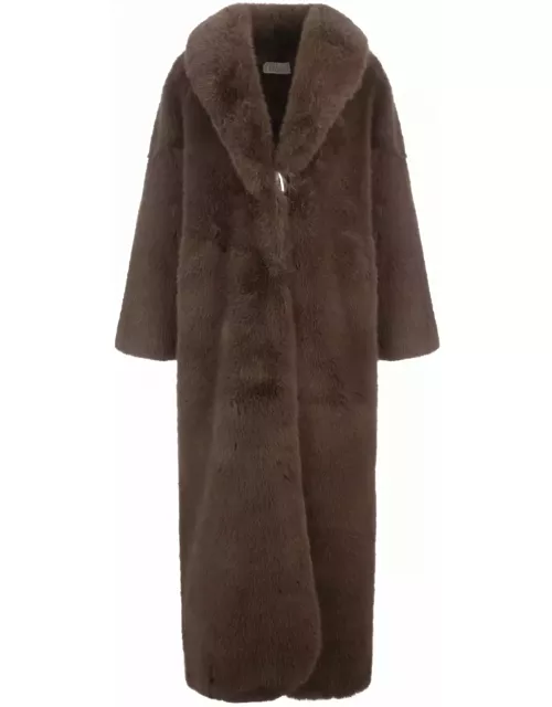 Giuseppe di Morabito Long Brown Faux Fur Coat With Brooch