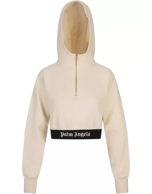 Palm Angels White Crop Hoodie With Logo Band