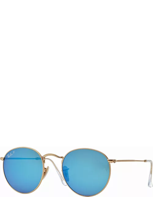 Polarized Round Metal-Frame Sunglasses with Blue Mirror Len