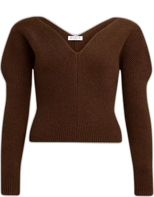 Sweetheart-Neck Long-Sleeve Rib Sweater