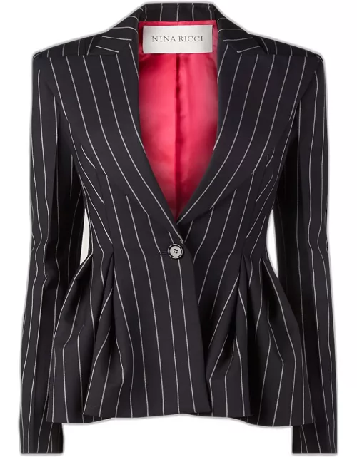 Pinstripe Peplum One-Button Wool Blazer