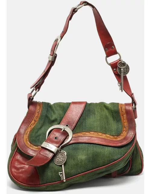 Dior Green Canvas nad Leather Large Gaucho Double Saddle Bag