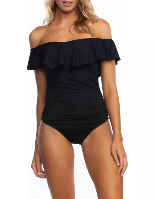 Off-Shoulder Ruffle Lace-Up One-Piece Swimsuit