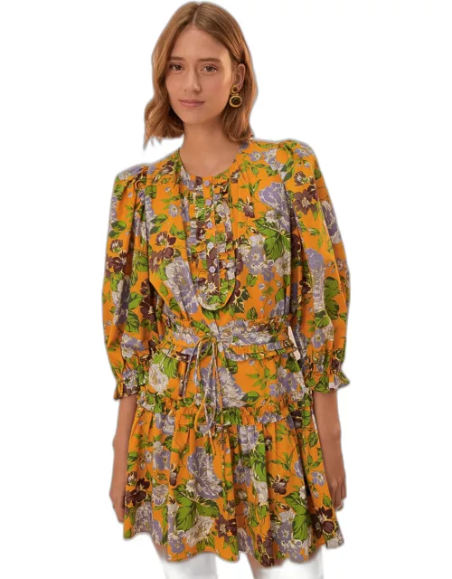 Yellow Capri Floral Short Sleeve Mini Dress, CAPRI FLORAL YELLOW /