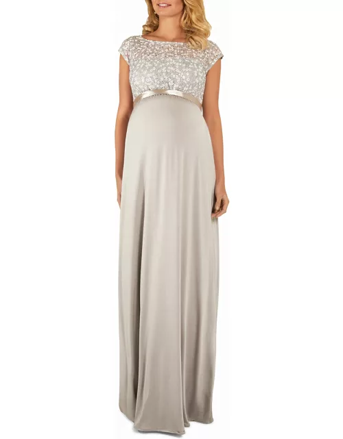 Maternity Mia Cap-Sleeve Gown with Sequin Bodice & Full-Length Skirt