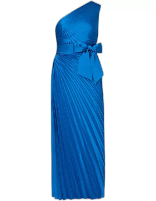 Estelle Pleated One-Shoulder Satin Maxi Dres