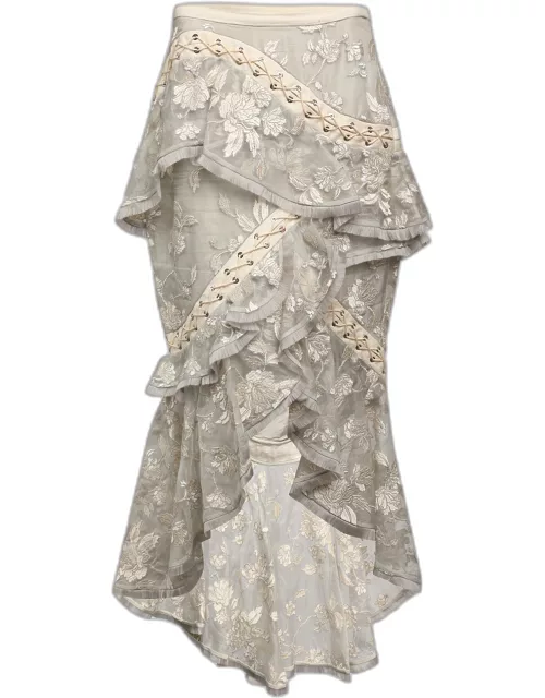 Zimmermann Grey Floral Embroidered Silk Maxi Skirt