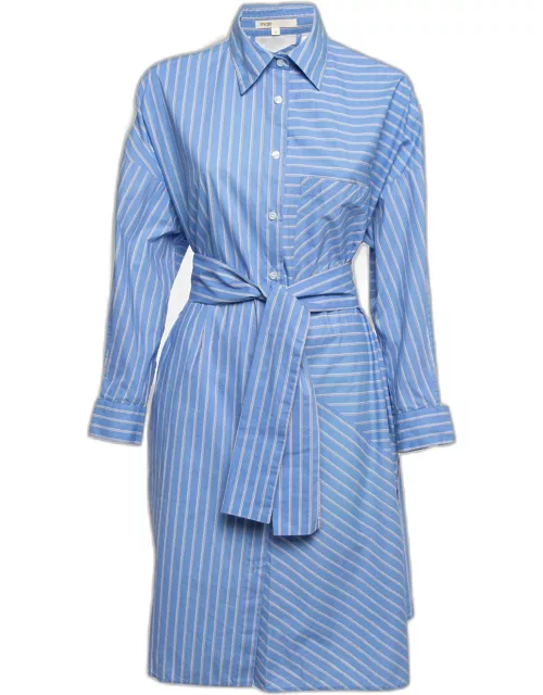 Maje Blue Pinstripe Cotton Belted Shirt Dress