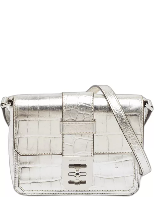 Michael Kors Silver Croc Embossed Leather Crossbody Bag