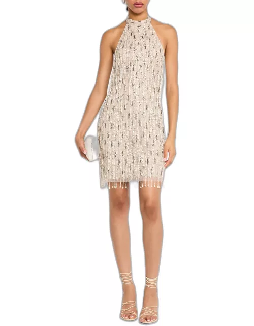 Bead & Sequin Fringe Halter Mini Dres