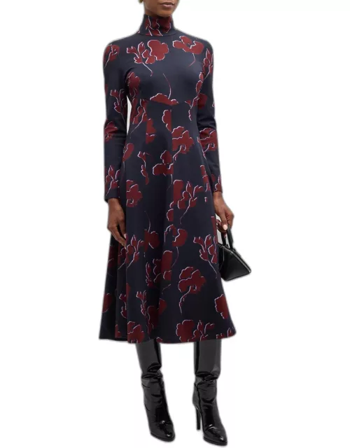 Thea Long-Sleeve Floral Turtleneck Midi Dres