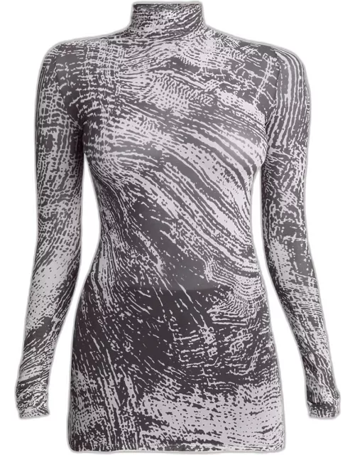 Rio Abstract-Print Tulle Jersey Turtleneck Top