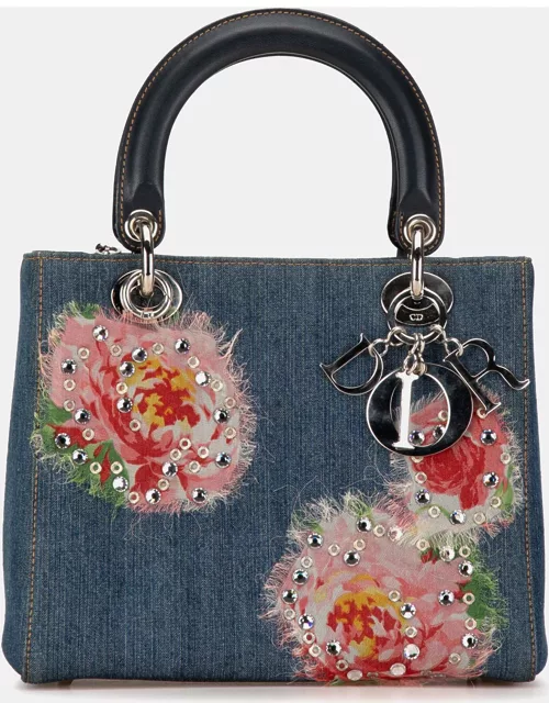 Dior Blue Denim Floral Embellished Medium Lady Dior Tote Bag