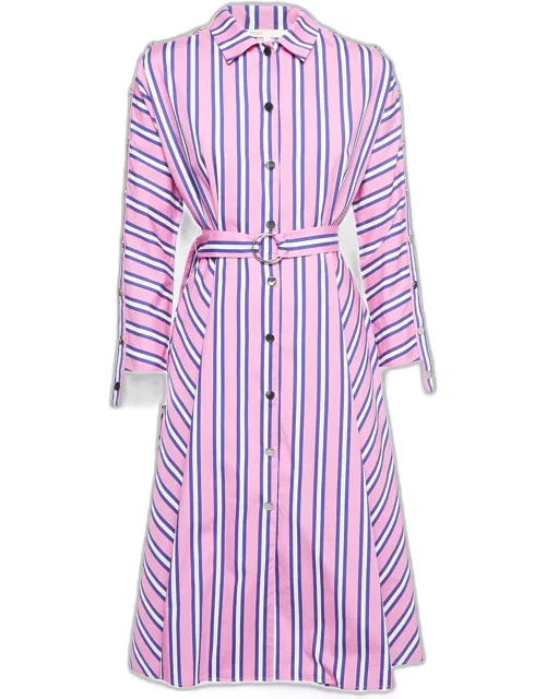 Maje Pink Stripe Cotton Button Front Belted Midi Dress