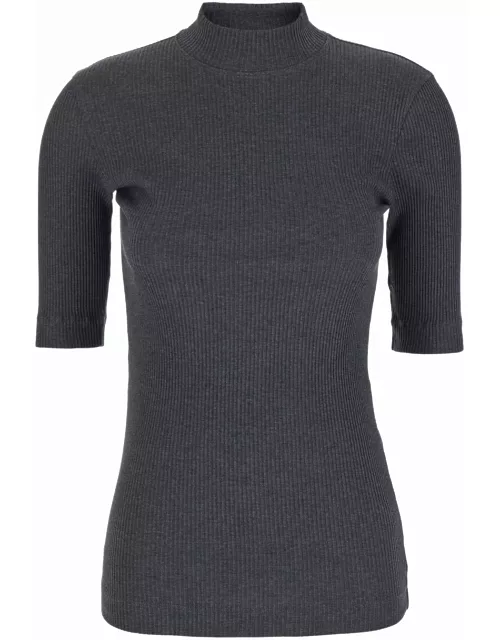 Brunello Cucinelli Grey Mock Neck T-shirt With Short Sleeves In Cotton Woman