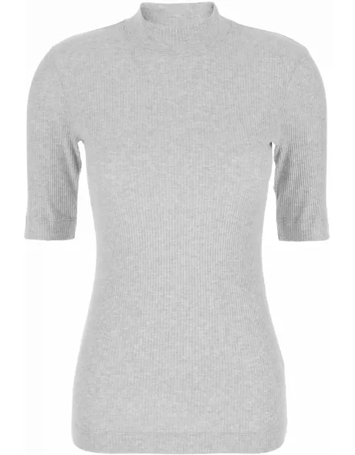 Brunello Cucinelli Grey Mock Neck T-shirt With Short Sleeves In Cotton Woman