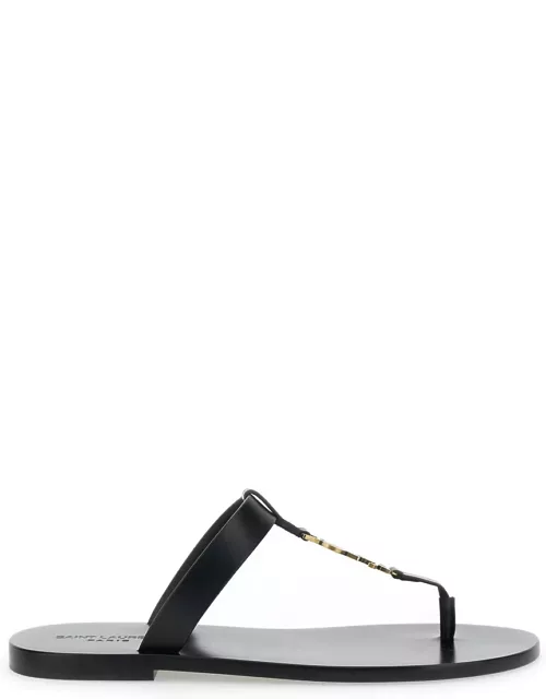 Saint Laurent cassandre Black Flat Sandals With A T-strap In Leather Woman