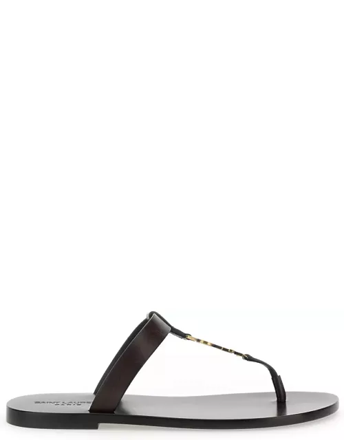 Saint Laurent cassandre Brown Flat Sandals With A T-strap In Leather Woman