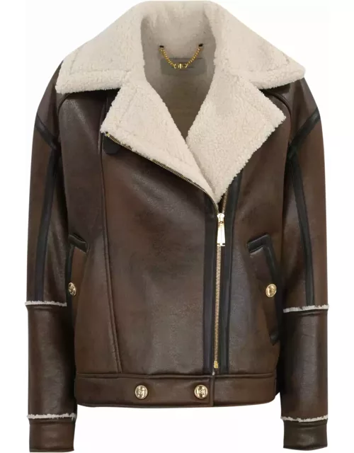 Elisabetta Franchi Leather-effect Aviator Jacket With Fake Fur