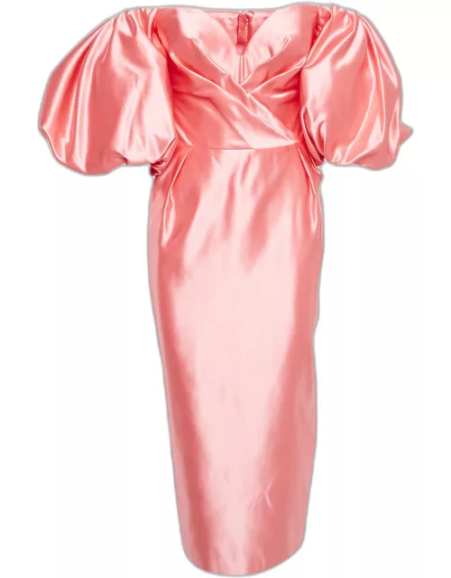 Rosario Pink Satin Puff Sleeves Corset Midi Dress