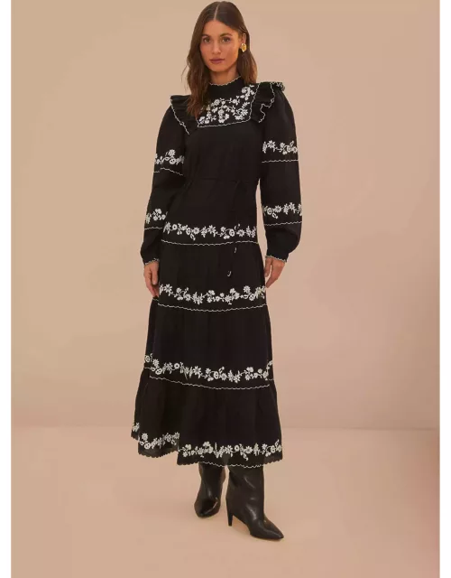 Black And White Embroidered Long Sleeve Maxi Dress, BLACK AND WHITE /