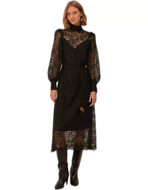 Lace Black Midi Dress, BLACK /