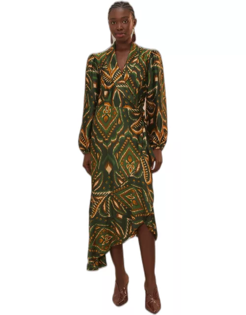 Green Pineapple Ikat Long Sleeve Midi Dress, PINEAPPLE IKAT GREEN /