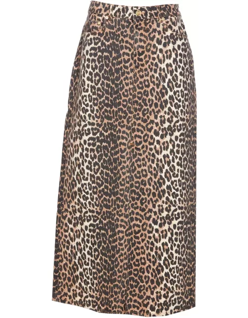 Ganni Leopard Denim Maxi Slit Skirt