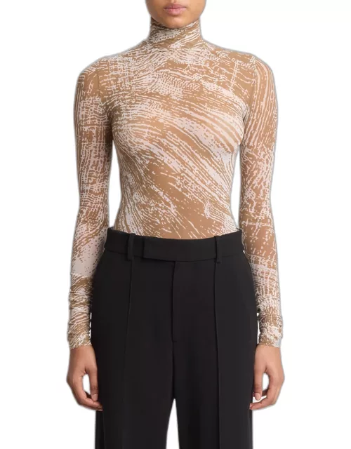 Rio Abstract-Print Tulle Jersey Turtleneck Top