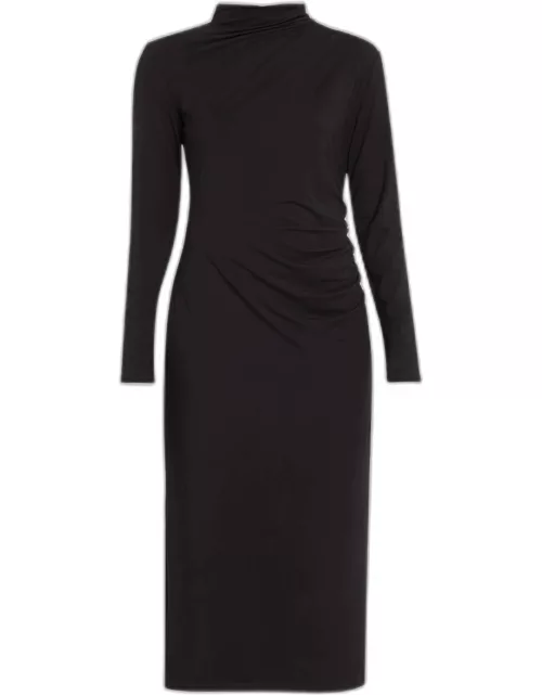 Long-Sleeve Ruched TurtleNeck Midi Dres