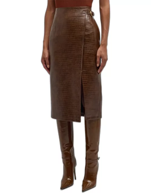 Leona Crocodile-Effect Midi Skirt