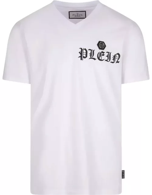 Philipp Plein White Ss Gothic Plein V-neck T-shirt