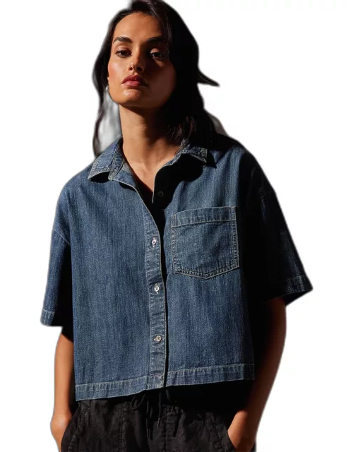 Washed Denim Cropped Shirt - Medium Wash