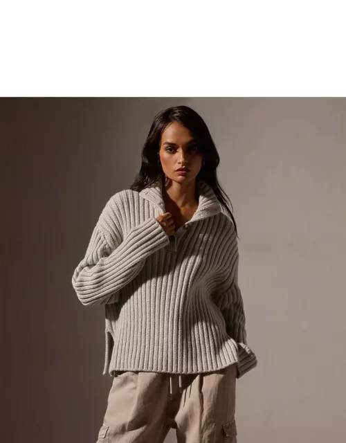 Cotton Knit Funnel Neck Sweater - Salt